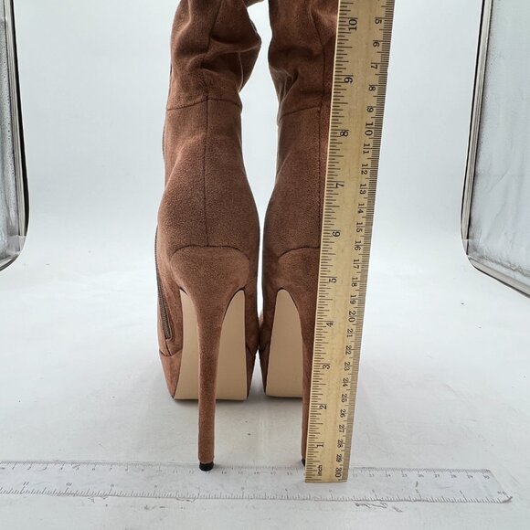 Brown Suede Platform Stiletto Heel Side Zipper Slouchy Stretchy Knee High Boots - Picture 4 of 6